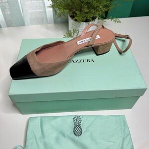 Aquazzura Tan and Black Block Heel Sandals